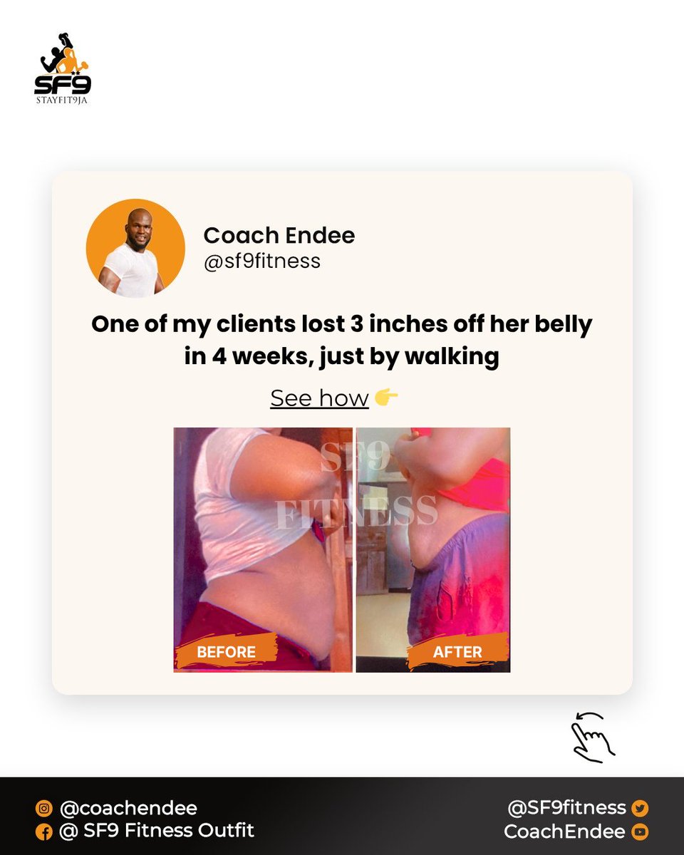 SF9fitness's tweet image. The fastest way to lose your pot belly is not intense workouts 

But ONE simple thing most people underrate 

My client proved it &amp;amp; lost 3 inches off her belly, in 4 weeks 

See her story here 👇 

© Coach Endee 

#fatloss #potbelly #WeightLoss #fitness
