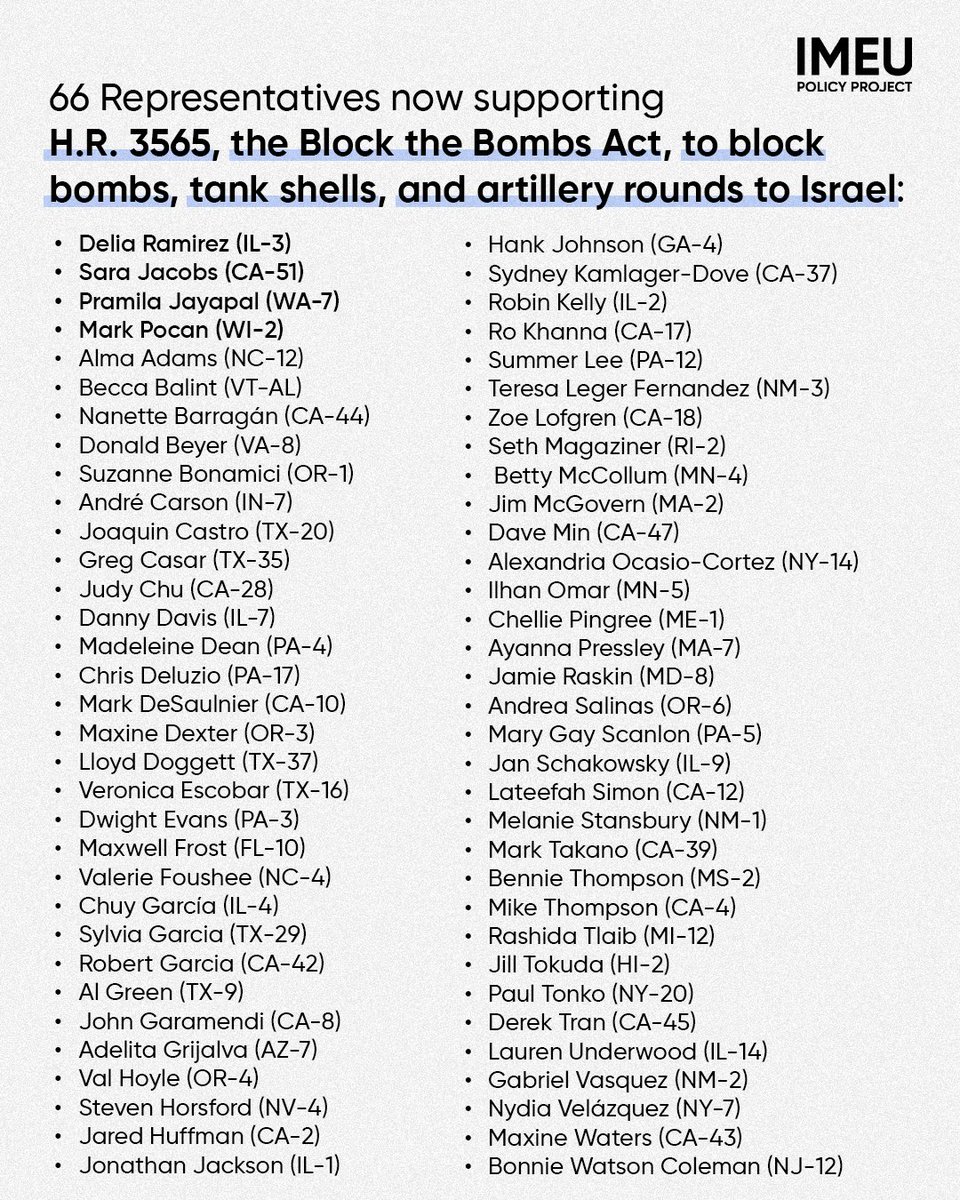 Thank you <a href="/RepKamlagerDove/">Congresswoman Sydney Kamlager-Dove</a> for becoming the 66th cosponsor of the Block The Bombs Act!

60% of Americans, including 75% of Democrats, support ending weapons for Israel. It’s time for congress to reflect that.

Tell your representative to sign on today: blockthebombs.org