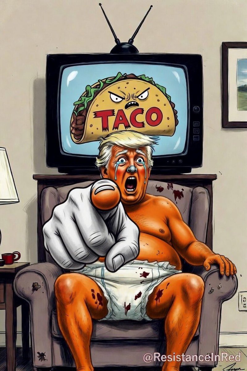ResistanceInRed's tweet image. POV: When the TACO talks back to Trump on a Friday 🌮😭  

Thumb-sucking. Diaper full. Tears flying.  

Trump Always Chickens Out — again.  

Big threats Monday… crying in his diaper by Friday.  

The TACO never lies.  

#TACOTrump #TrumpMeltdown #DemsUnited