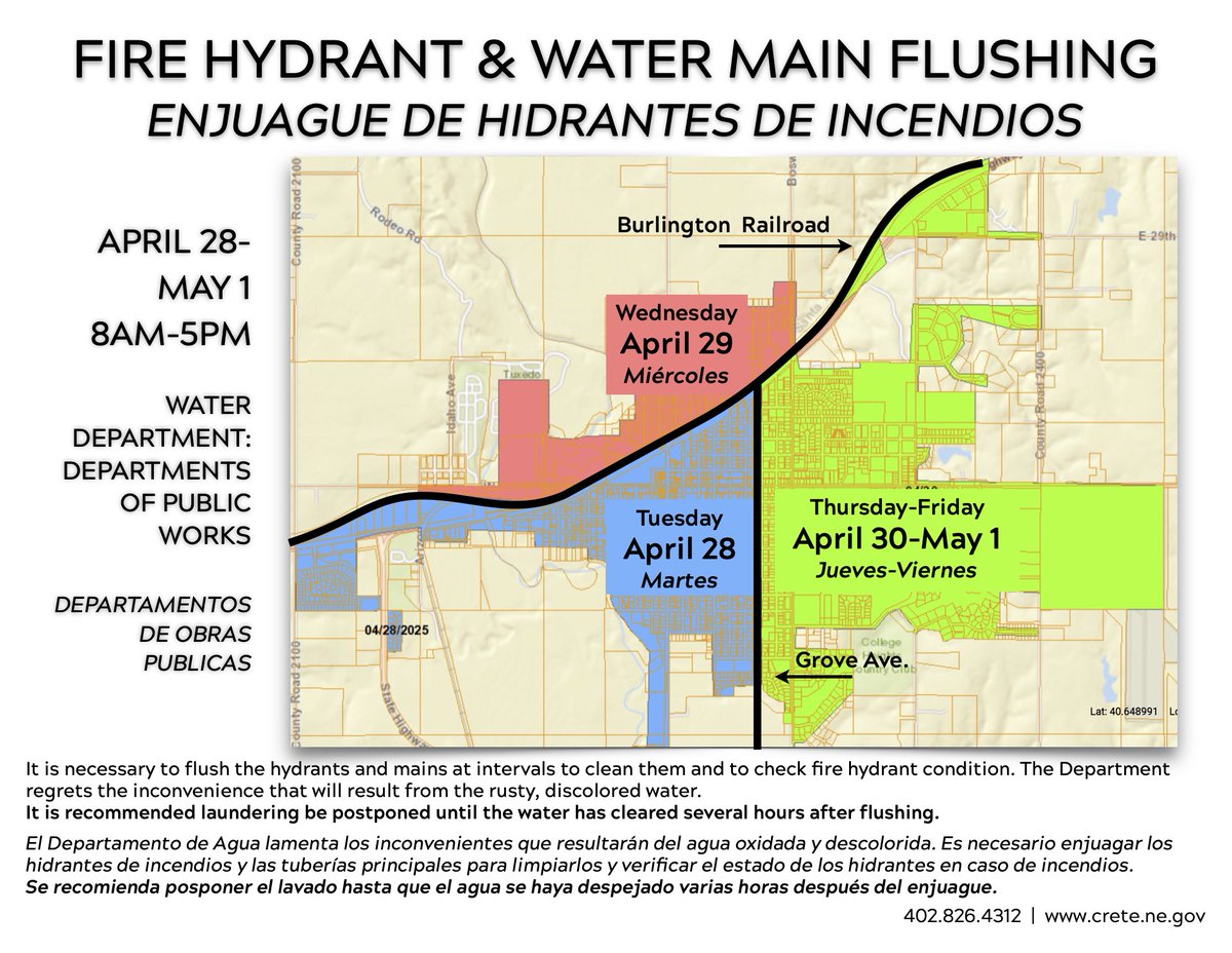 CreteNE's tweet photo. City Water Department employees will flush fire hydrants and water mains Tuesday, April 28 - Friday, May 1 at locations below from 8 am to 5 pm, weather permitting. For questions, contact the City Hall Public Works Office, 402.826.4312. https://t.co/WzRzsAumpL https://t.co/Ekf6iHbEWo