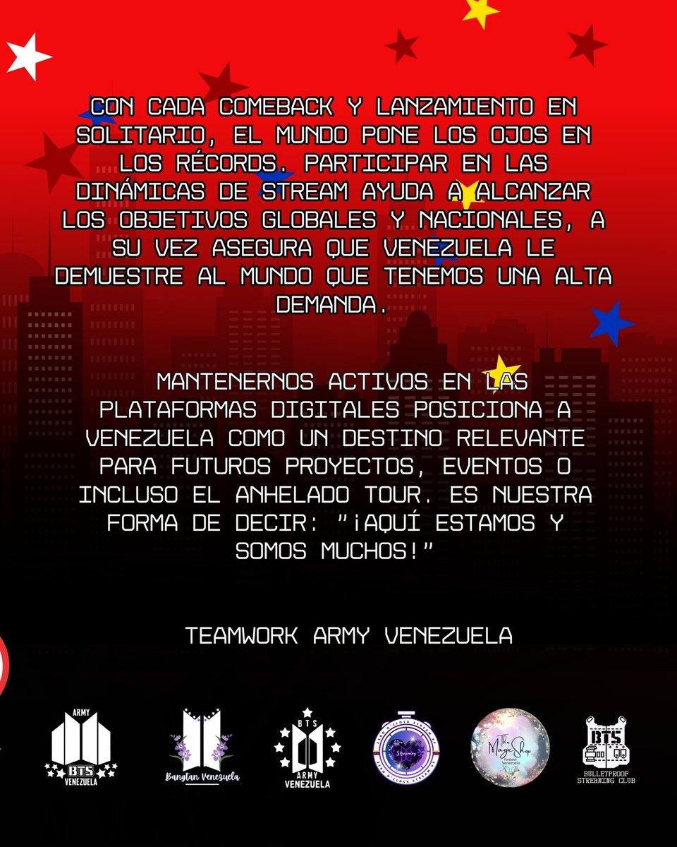 Más que números, es nuestra voz en el mapa global 🇻🇪💜 
Cuántas veces haz soñado con que #BTS pise nuestro territorio y escuchar sus voces en el monumental?
El streaming desde Venezuela debe ser nuestra prueba de amor y constancia

#ARMYVenezuela  #RECOMEBACK_ARIRANG #BTS_ARIRANG