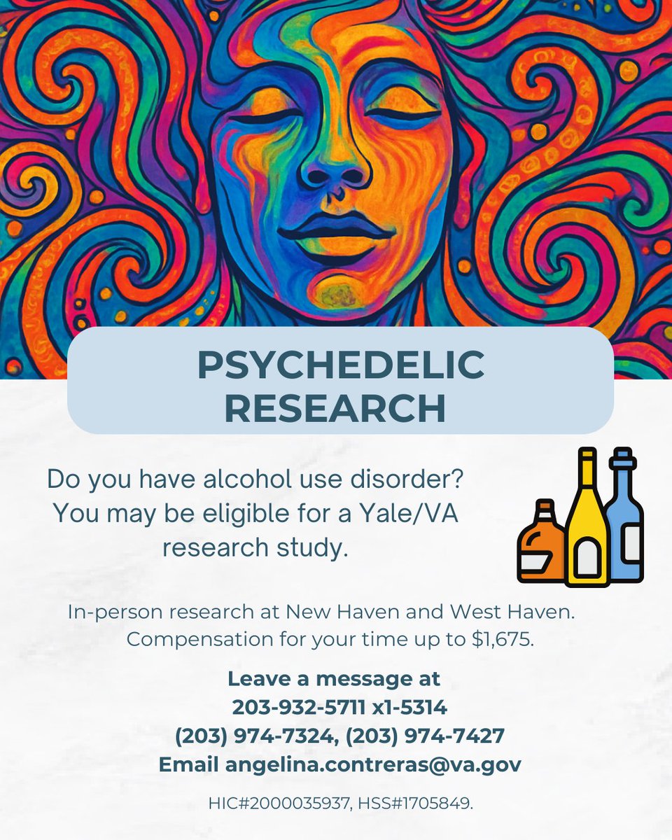 YaleABNLab's tweet photo. Our team is currently seeking adults who heavily drink alcohol, ages 21 to 65, for a psychedelic clinical trial. Participants are eligible for compensation up to $1,675. If interested, please call us back at 203-932-5711 x1-5314 or 203-974-7324 https://t.co/HWDpVPKQec