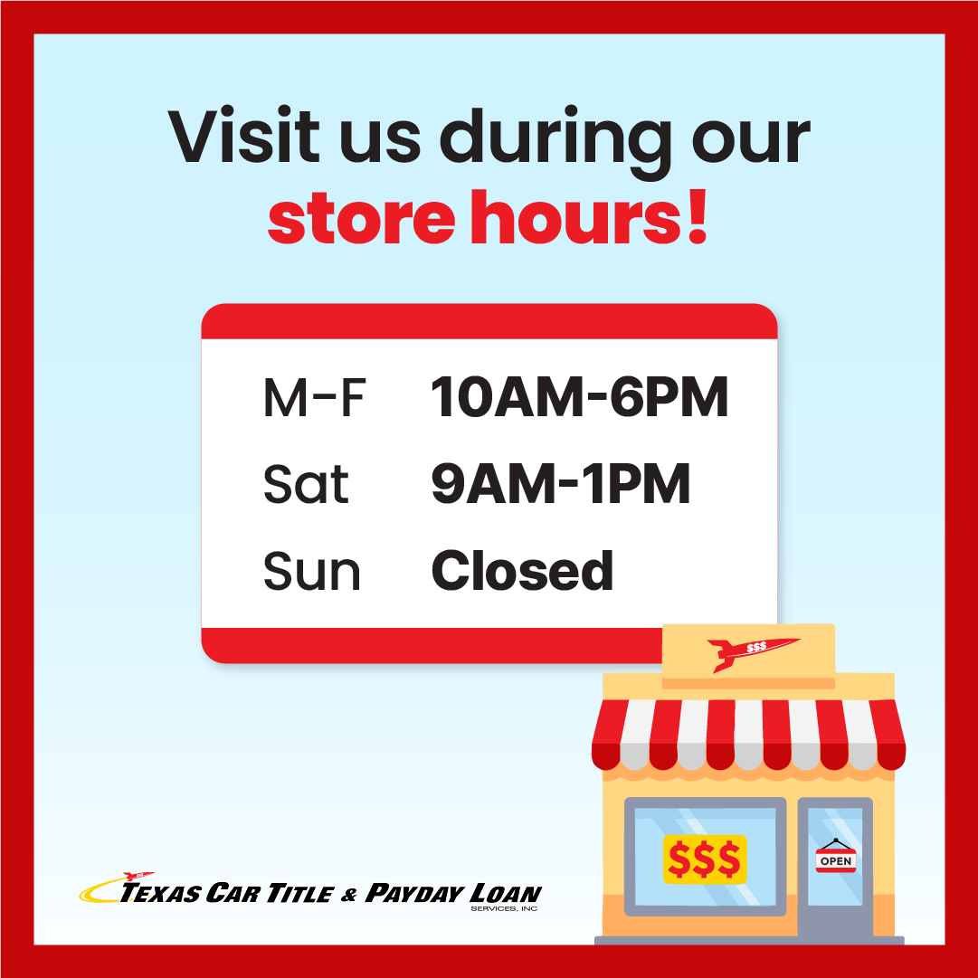 TXTitlePayDay's tweet photo. 📢 New Saturday Hours: 

We're now open 9am to 1pm every Saturday 🚀

Monday-Friday: 10am to 6pm as usual 💰

Click on the locations tab on our website to find your nearest store: https://t.co/5Il1lJI5Vd

#titleloans #paydayloans #loans #cashadvance #TexasCarTitleandPaydayLoans https://t.co/r1XaBylnh2