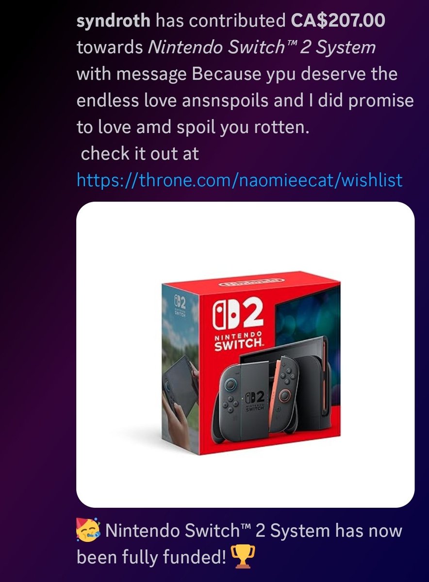 Thank you so so much to everyone who helped me get a Switch 2! Especially synder you adorable brat 💙 thank you <a href="/happyhonse/">Happy Honse</a> and anon!

I will be doing a #giveaway for 3 $20 donates to people's throne 💙 so drop your <a href="/official_throne/">Throne</a> link and either your favourite legendary