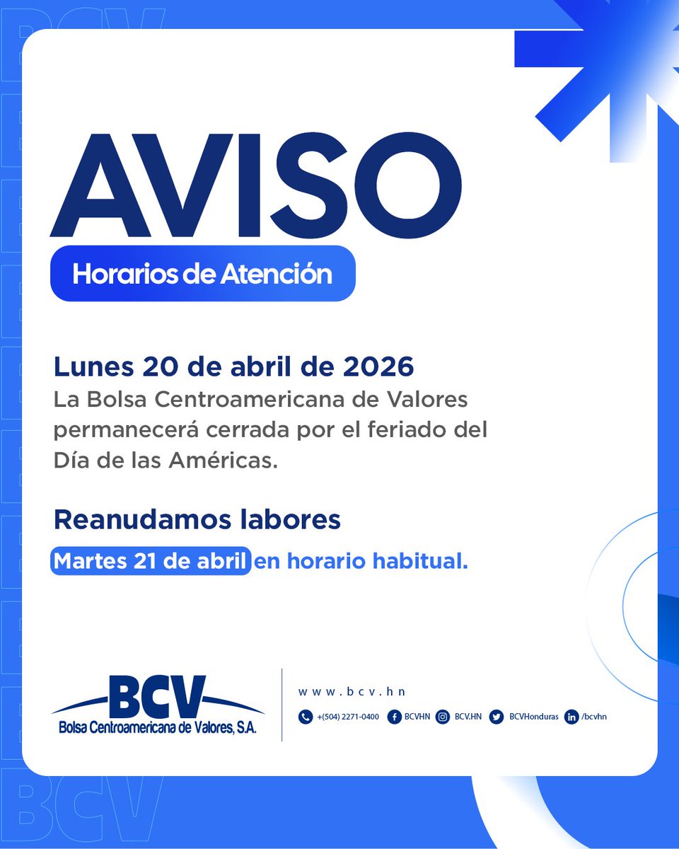 📢 Aviso importante
El lunes 20 de abril la BCV permanecerá cerrada por el Día de las Américas.
🟢 Retomamos actividades el martes 21 de abril en horario normal.