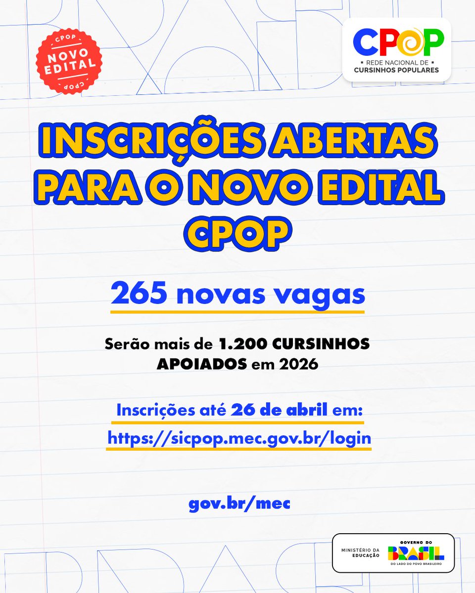 min_educacao's tweet image. Inscrições abertas para o novo edital da CPOP. São mais 265 vagas para #CursinhosPopulares de todo o país que querem fortalecer o acesso ao ensino superior. Cada proposta poderá receber até R$ 185 mil.

Saiba mais: gov.br/mec

#Educação #MEC