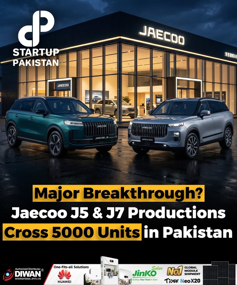 PakStartup's tweet image. Nishat Group celebrated a major milestone of Jaecoo J7 &amp;amp; Jaecoo J5 crossed 5,000 units Pakistan. 

Disclaimer: This post is for informational purposes only and is based on publicly available reports. The image is AI generated and is just for reference.

#PakWheels #AutoIndustry