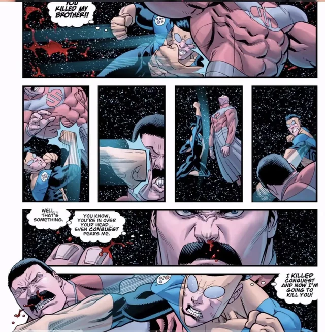 foxmunsbox's tweet photo. @cinemaclt sooooooo about that "protagonist doesn't just get stronger than the villain because he got a little angry"

here in the source material for the show, Mark got "a little angry" and laid a smack down on Thragg, kinda like a DB Protagonist https://t.co/AiUPXwCUIb