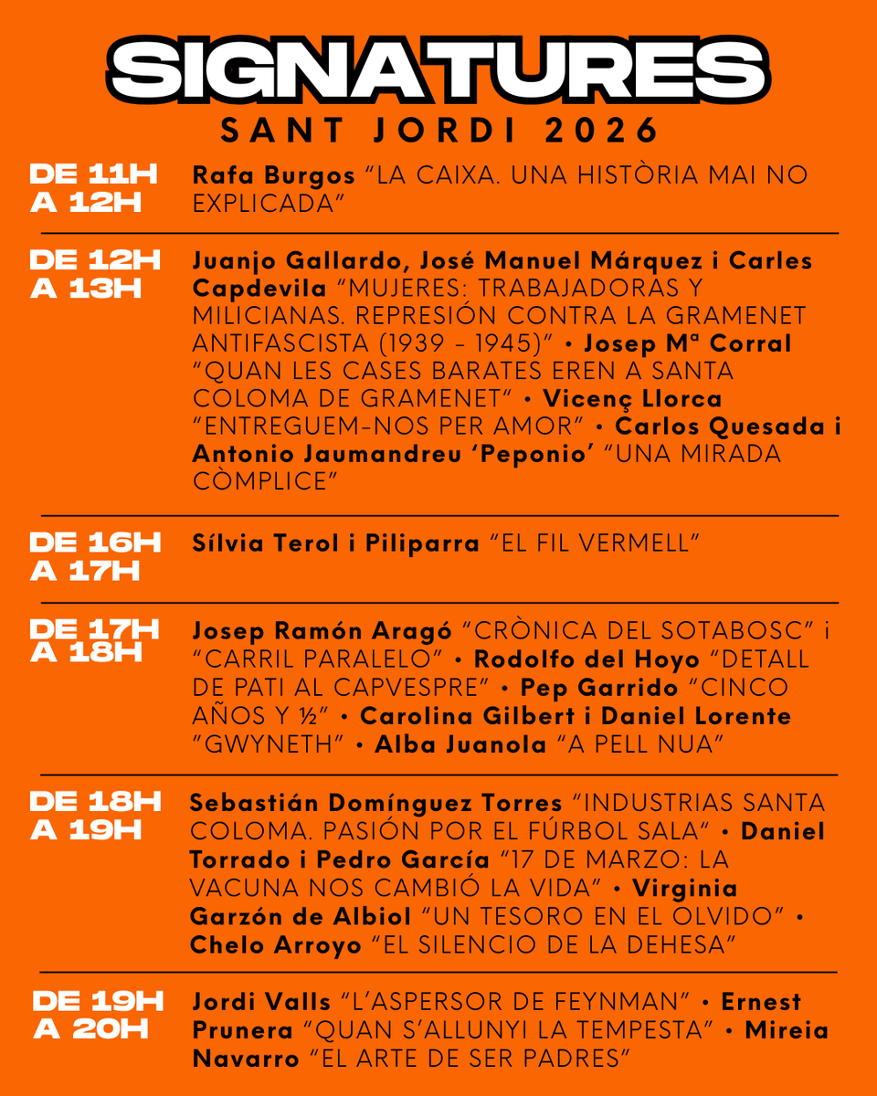 carrermajor's tweet photo. Un altre Sant Jordi, una altra ronda de signatures! Aquí us deixem els autors que signaran a la nostra carpa la diada de Sant Jordi a la PLAÇA DE LA VILA. https://t.co/jkHNH2FalM