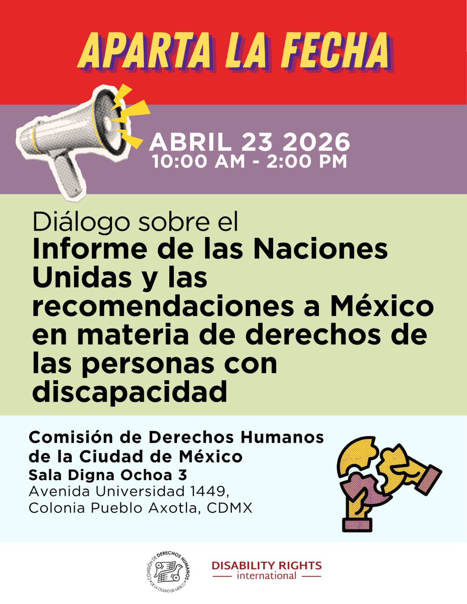 CDHCMX's tweet image. La #CDHCM y Disability Rights International convocan al "Diálogo sobre Informe de la #ONU y las recomendaciones a México en materia de derechos de las personas con discapacidad #PcD".

🔗 Regístrate: docs.google.com/forms/d/e/1FAI…
📆 23 de abril
⏰ 10:00 horas
📍 Salas Digna Ochoa