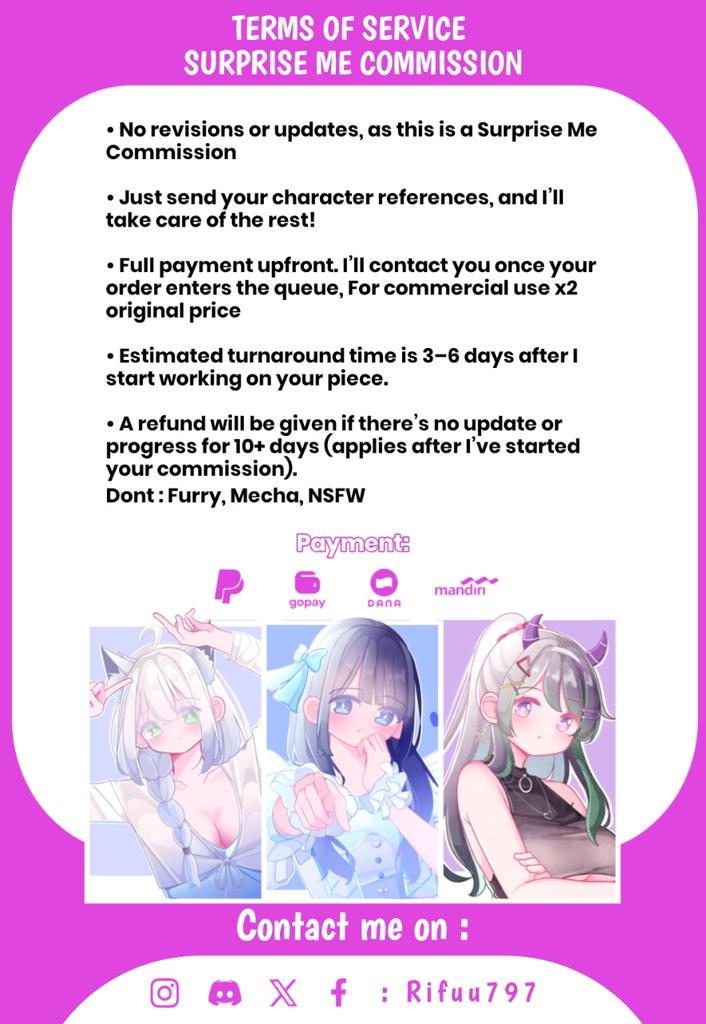 Rifuu797's tweet photo. ✨ Commission Surprise Me open! ✨
Cute & colorful anime-style art
(Retweet is very appreciated!)
DM me or add me on Discord rifuu797 to order. Thankyou 🫶
#commission #artcommissions #commissionopen #commissionart #artshare #art #digitalart #vgencomms #artrt #surpriseme https://t.co/6nl3ozyR7H