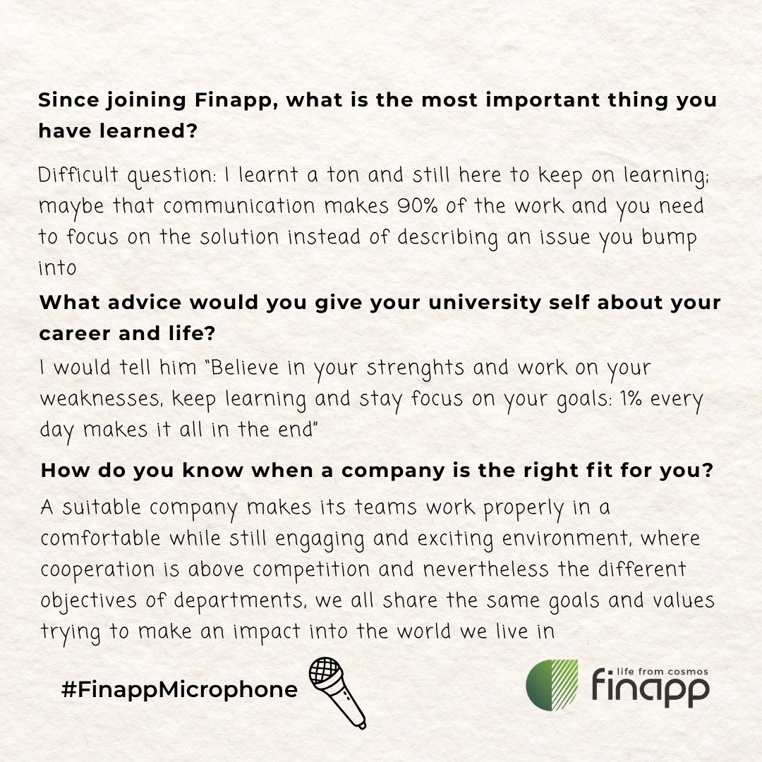 Finapptech's tweet photo. 🎤 Finapp Microphone – Episode 9 Meet Riccardo Carroccio

IT & Jr Data Scientist, Riccardo joined Finapp in August 2025.

With a background in Physics and a passion for space since childhood, he now applies his knowledge to real-world challenges using advanced technology. At Finapp, he has learned that communication and solution-oriented thinking make the difference.

What drives him most is continuous learning and contributing to global challenges like climate change and water management.

Proud to be part of a collaborative team, Riccardo believes the best results are always achieved together.

Stay tuned for the next episode.

#Finapp #FinappMicrophone #TeamFinapp #CRNS