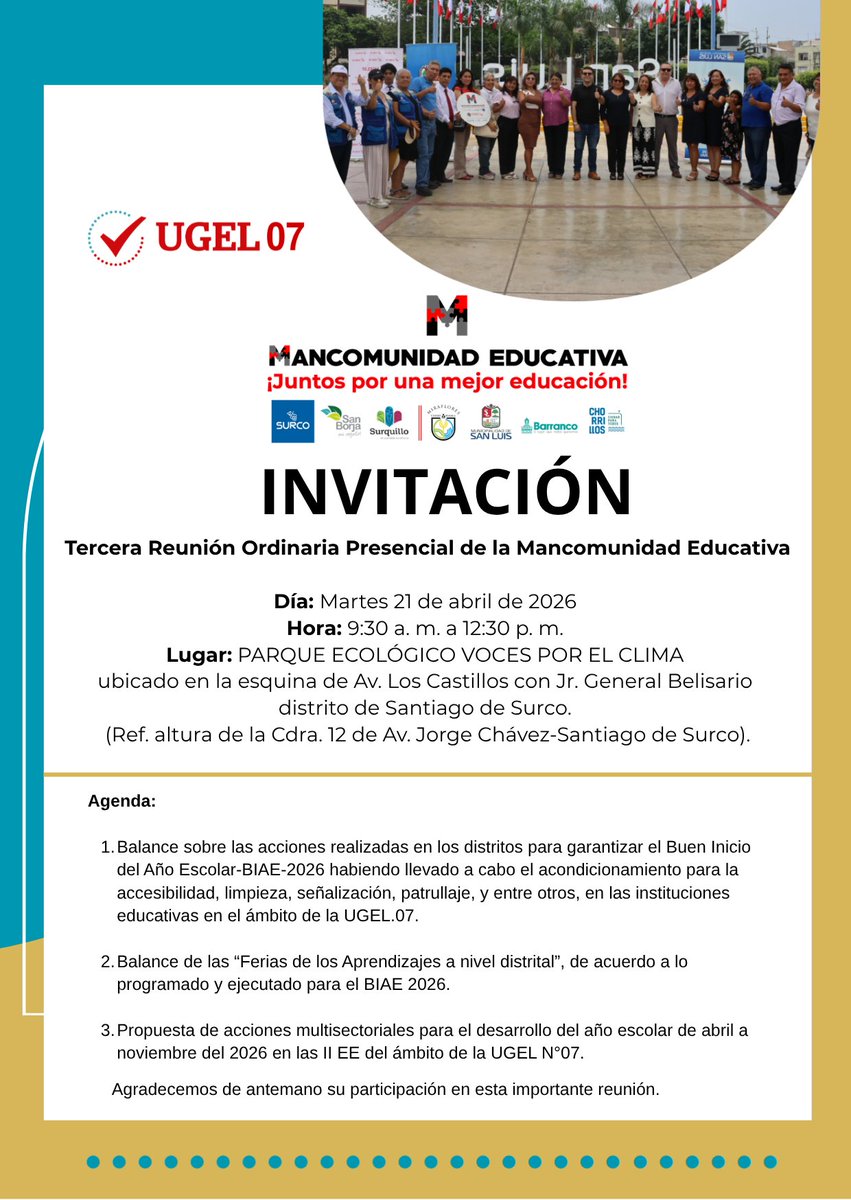 𝗜𝗡𝗩𝗜𝗧𝗔𝗖𝗜𝗢́𝗡 ¡𝗠𝗮𝗻𝗰𝗼𝗺𝘂𝗻𝗶𝗱𝗮𝗱 𝗘𝗱𝘂𝗰𝗮𝘁𝗶𝘃𝗮!

A nuestros aliados de la "Mancomunidad Educativa" los invitamos a asistir en la Tercera Reunión Ordinaria Presencial.

¡Los Esperamos! 

#UGEL07 #Mancomunidad #mancomunidadeducativa #EducaciónQueTransforma