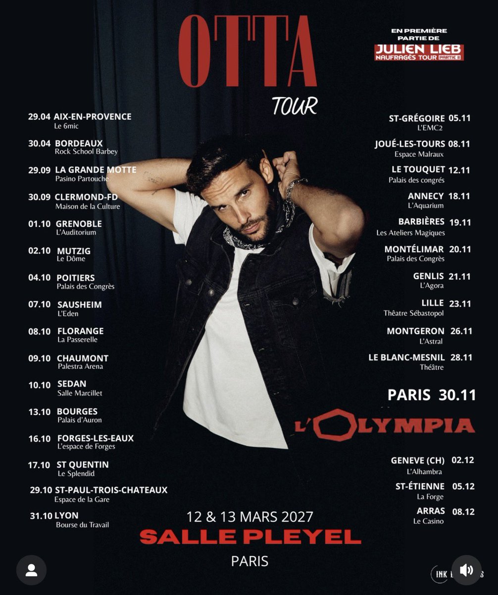 LiebActus's tweet image. Otta sera sur toutes les dates du naufragé tour partie 2 aussi 🙌 👏 #julienlieb