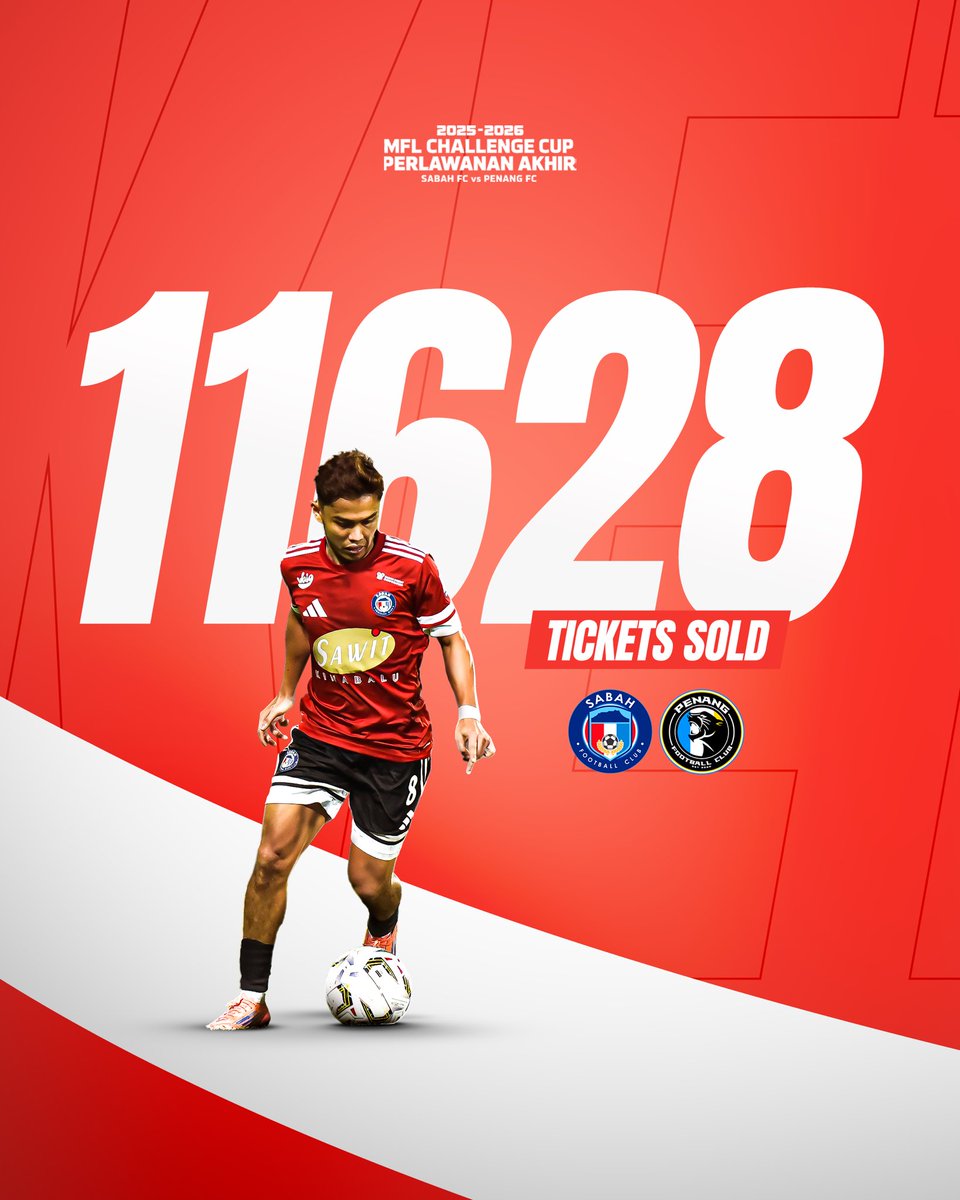 SabahFCofficial's tweet image. Sebanyak 11,628 tiket telah terjual setakat ini!

🔥 Tiada sudah logot-logot.. sekarang kita kasi rancak beli di tickethotline.com.my

KASI GEGAR LIKAS

[FINAL 2 MFL CHALLENGE CUP 25/26]
19 April | Sabah vs Penang
🏟️ 20:15, Stadium Likas

#SabahFC #SabahMajuJaya