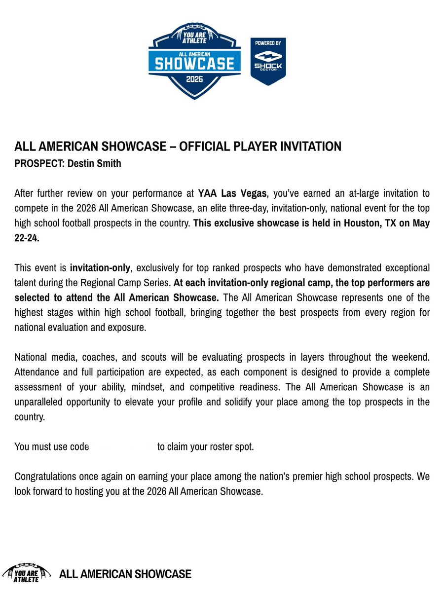 Grateful to receive an invite to compete at the YAA All-American Showcase in Houston. Ready to work. AGTG 🔒
<a href="/JustinManu8/">Justin Manu</a> <a href="/smithcoach60/">Coach Smith 6034</a> <a href="/nm12410/">Kitt G. Rawlings</a> <a href="/RidgecityFB/">Northridge High School Football</a> <a href="/youareathlete/">You Are Athlete</a> <a href="/ShockDoctor/">Shock Doctor</a> <a href="/ballersinutah/">UtahBallers</a> <a href="/RoadToHouston/">All-American Showcase</a>