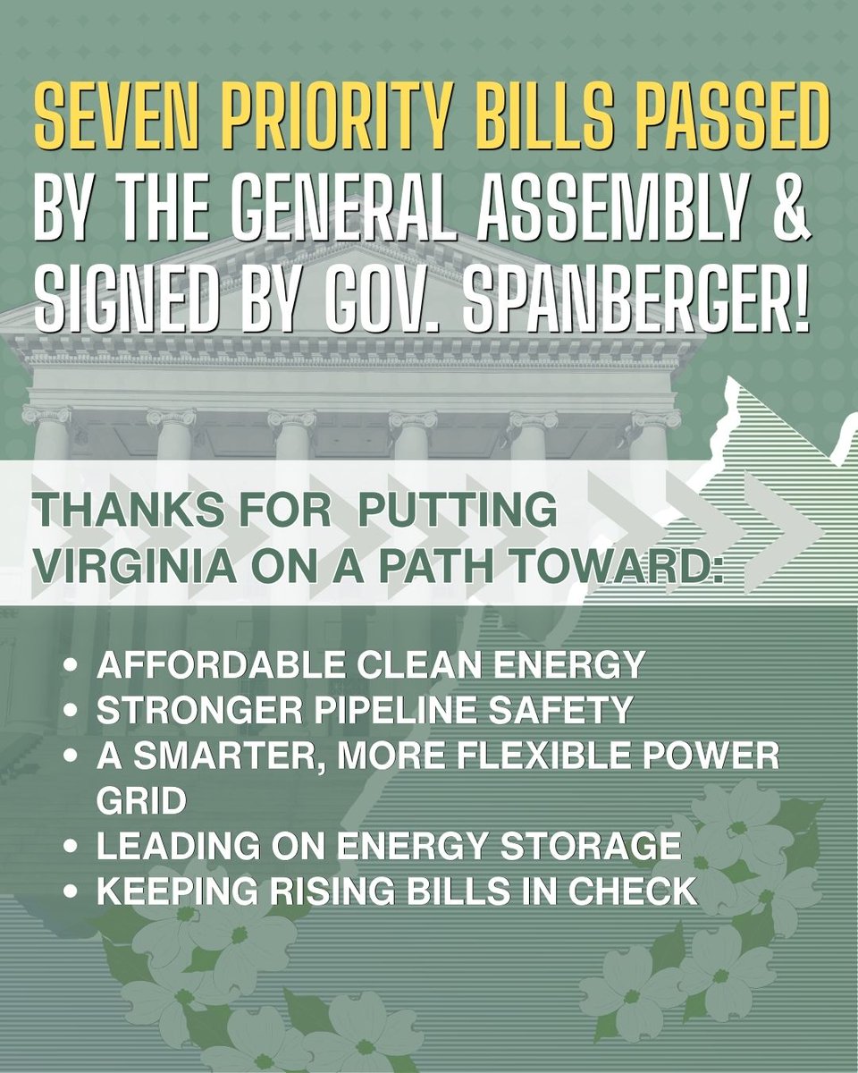 AppVoices's tweet image. Thanks to Gov. Abigail Spanberger for signing 7 of our priority bills into law — delivering affordable clean energy, stronger protections for communities, &amp;amp; helping keep rising bills in check. Let’s keep going, #Virginia! ⚡🌱
Learn more: appvoices.org/vaga-2026
#VALeg
