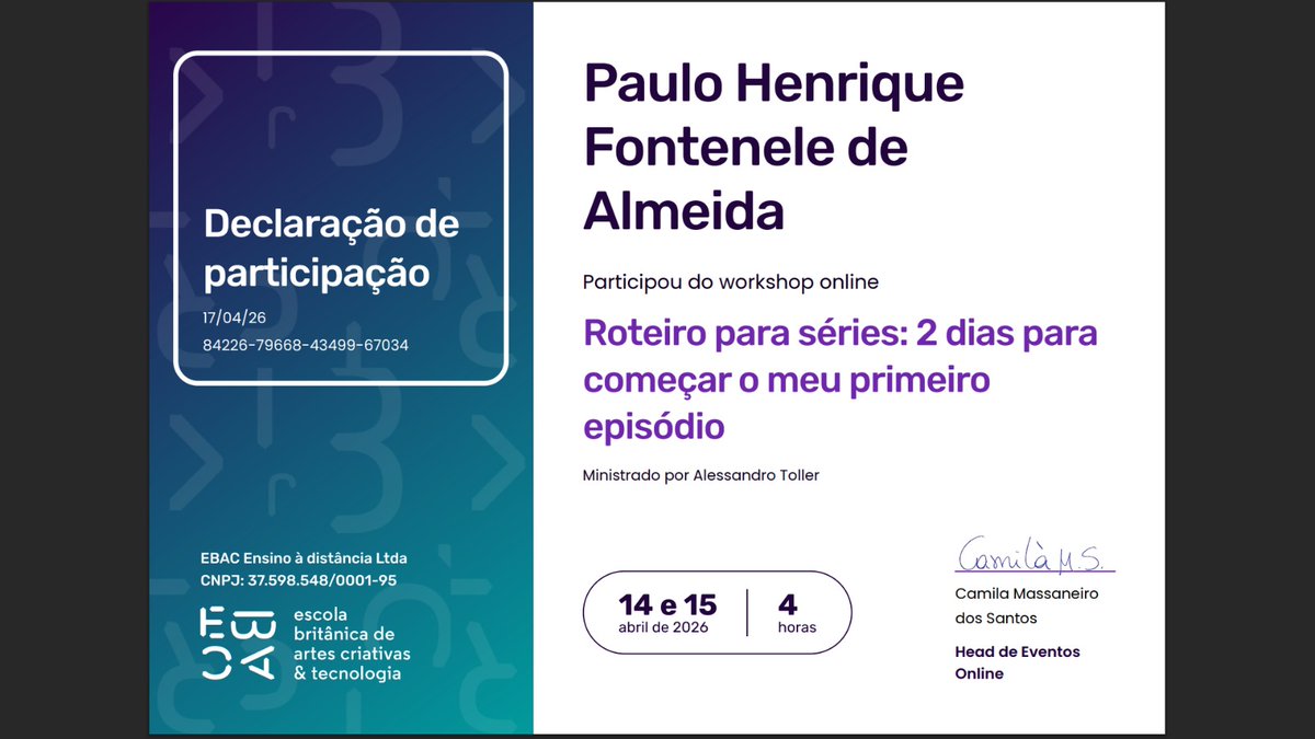 palmeidaidiomas's tweet image. Participei do workshop Roteiro para séries da EBAC com Alessandro Toller. 2 dias, 4 horas de aprendizado e muita inspiração para começar meu primeiro episódio. O próximo passo? Escrever e compartilhar histórias que prendam o público! #roteiro #audiovisual #EBAC
