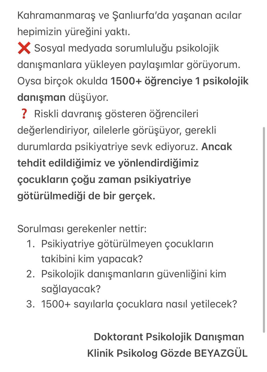 gozde__b's tweet photo. Kahramanmaraş ve Şanlıurfa’ya dair: 

❓ Riskli davranış sebebiyle yönlendirdiğimiz çocukların çoğu zaman psikiyatriye götürülmediği de bir gerçek.

✅ Kapsamlı müdahale ve etkili çözüm stratejileriyle, ülkemiz adına gerçekçi ve işlevsel adımlar üretmek için çalışmaya hazırız. https://t.co/KwOkTThT9g