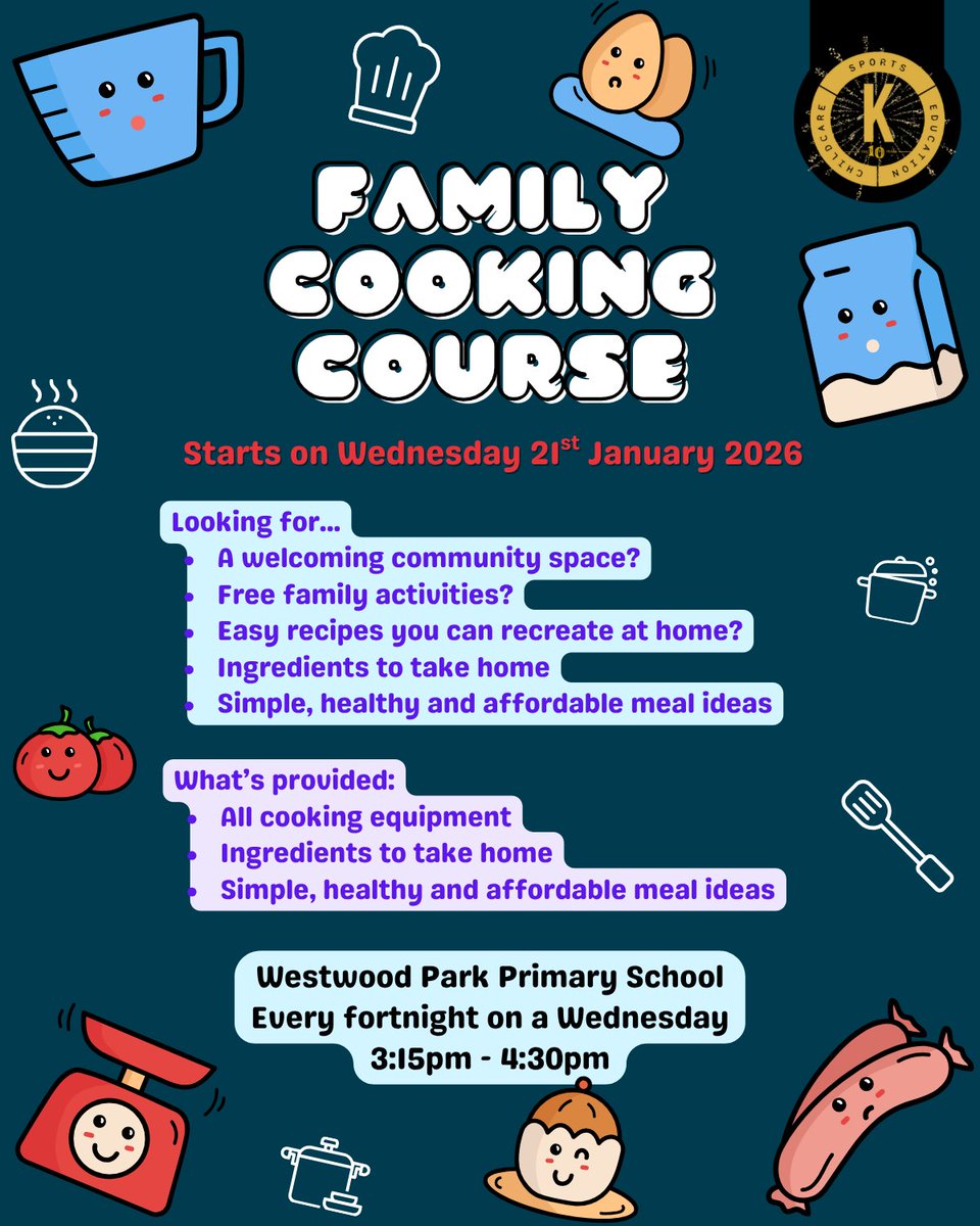 wearekickstart's tweet image. 👩‍🍳🥕 Family Cooking Course 🥕👩‍🍳

Cook, learn and eat together 💛
✅ Free sessions
✅ Healthy, affordable meals
✅ Ingredients &amp;amp; equipment provided

📍 Westwood Park Primary
🕒 Fortnightly Wednesdays, 3:15–4:30pm

#FamilyCooking #CommunityCooking #Kickstart