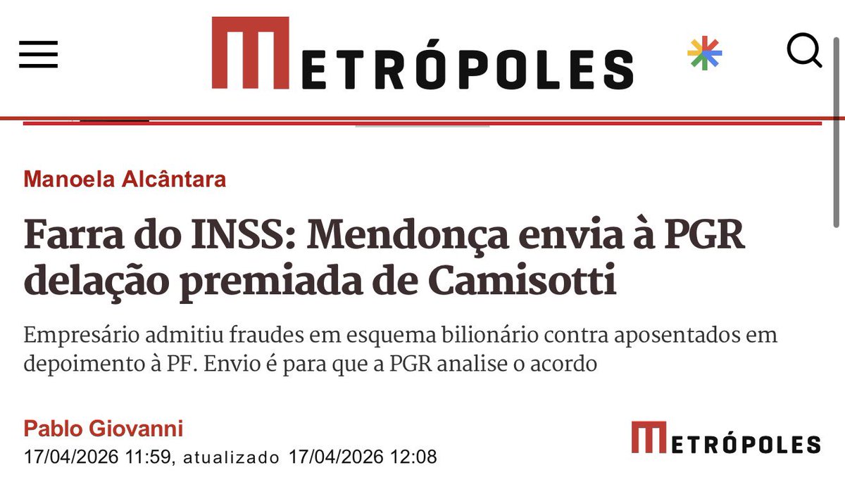 Primeira delação no escândalo do INSS.

Que isso seja o início de algo maior: uma verdadeira limpeza nesse esquema que roubou de aposentados e pensionistas. O Brasil não aguenta mais ver criminosos impunes enquanto nossos idosos pagam a conta.

Que toda a verdade venha à tona e