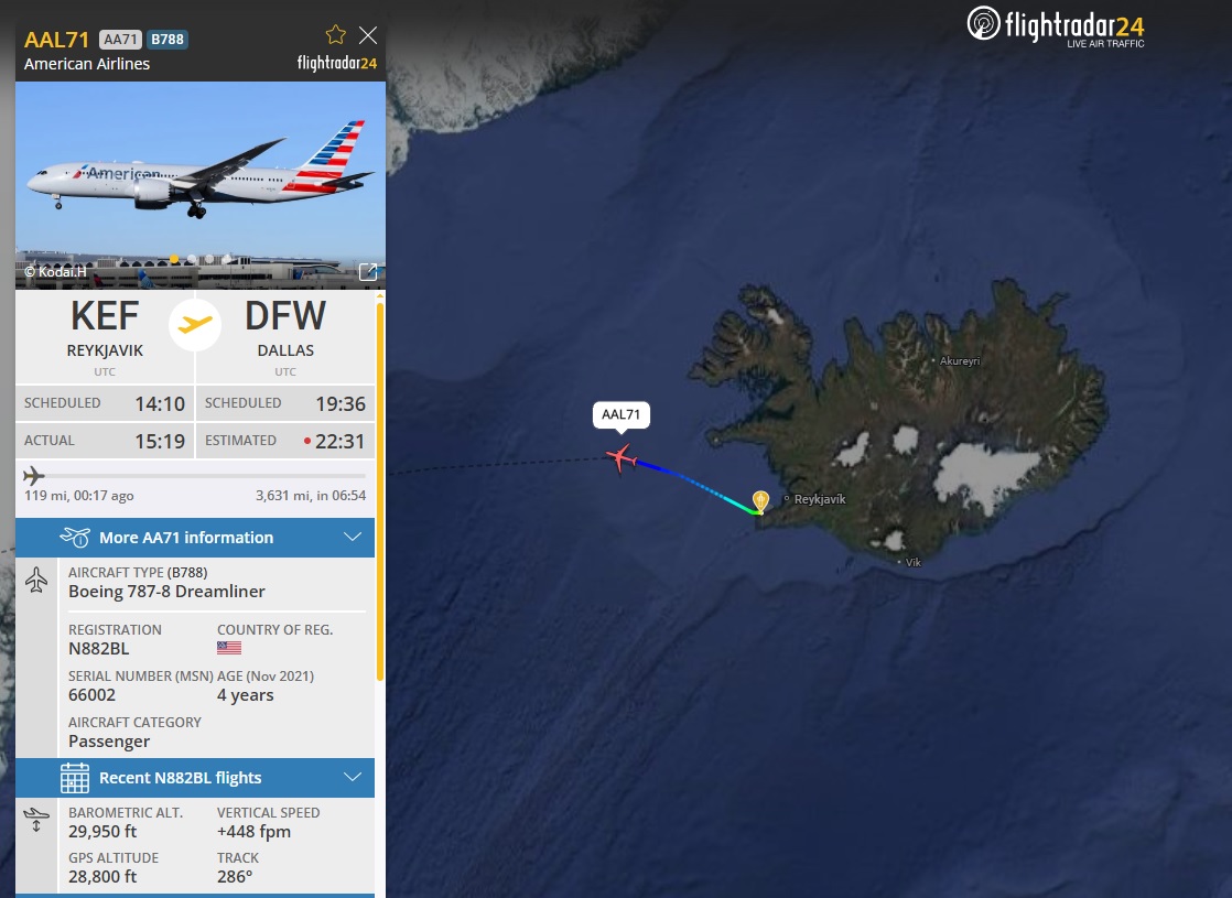 AirportWebcams's tweet image. LIVE: American #AA71 Frankfurt to Dallas-Fort Worth (Boeing 787-8 N882BL) is now continuing from Keflavik following a medical diversion earlier. Track: flightradar24.com/AAL71/3f449adc

DFW: airportwebcams.net/dallas-fort-wo…
FRA: airportwebcams.net/frankfurt-inte…

#avgeek #aviation #airport