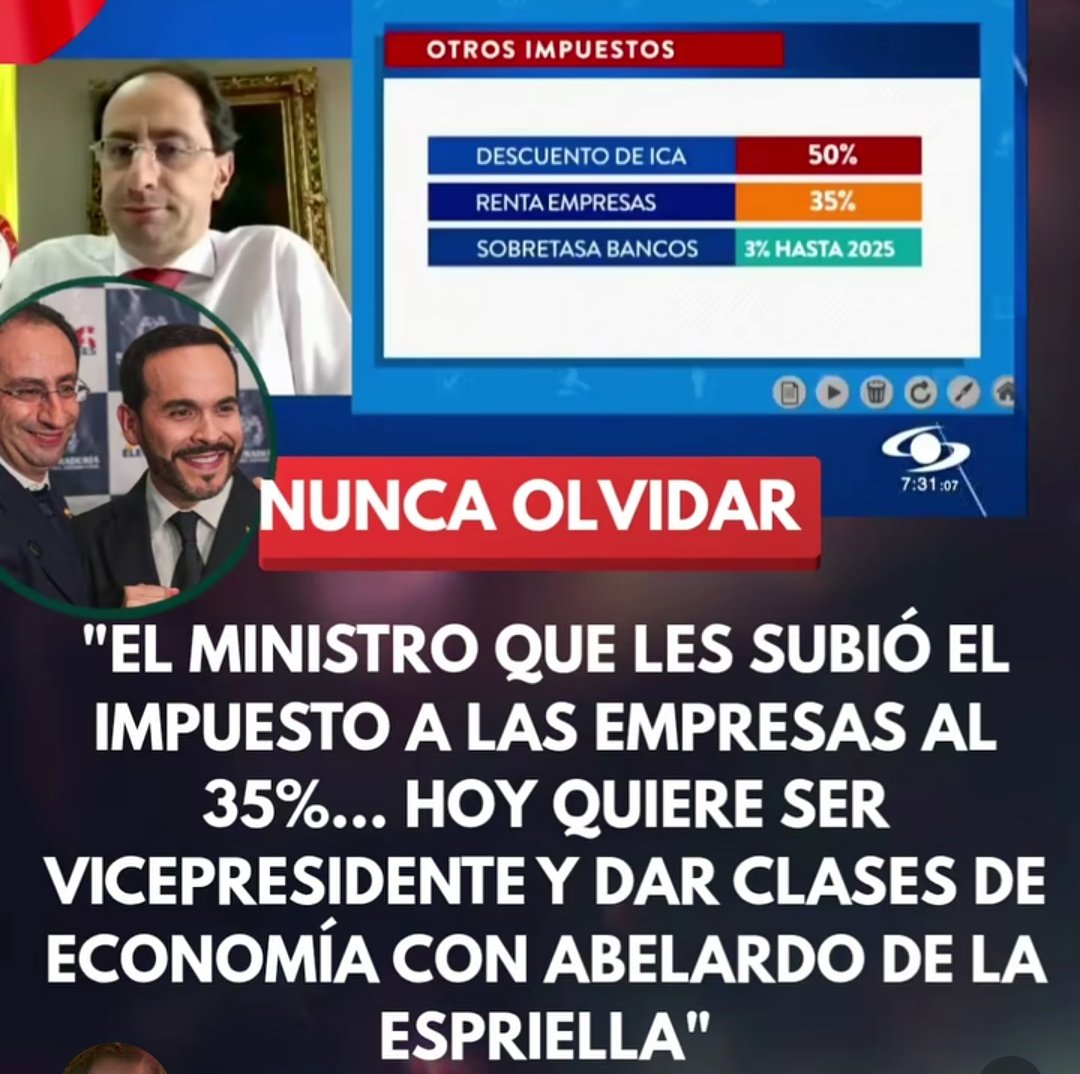La derecha dice que es muy alto el impuesto de renta a las empresas, que por culpa de Petro. 

Que ellos vienen a arreglar eso.

Pero el impuesto de renta del 35% a las empresas lo puso el ministro de hacienda de Duque, José Manuel Restrepo, ahora vice de Abelardo!!!