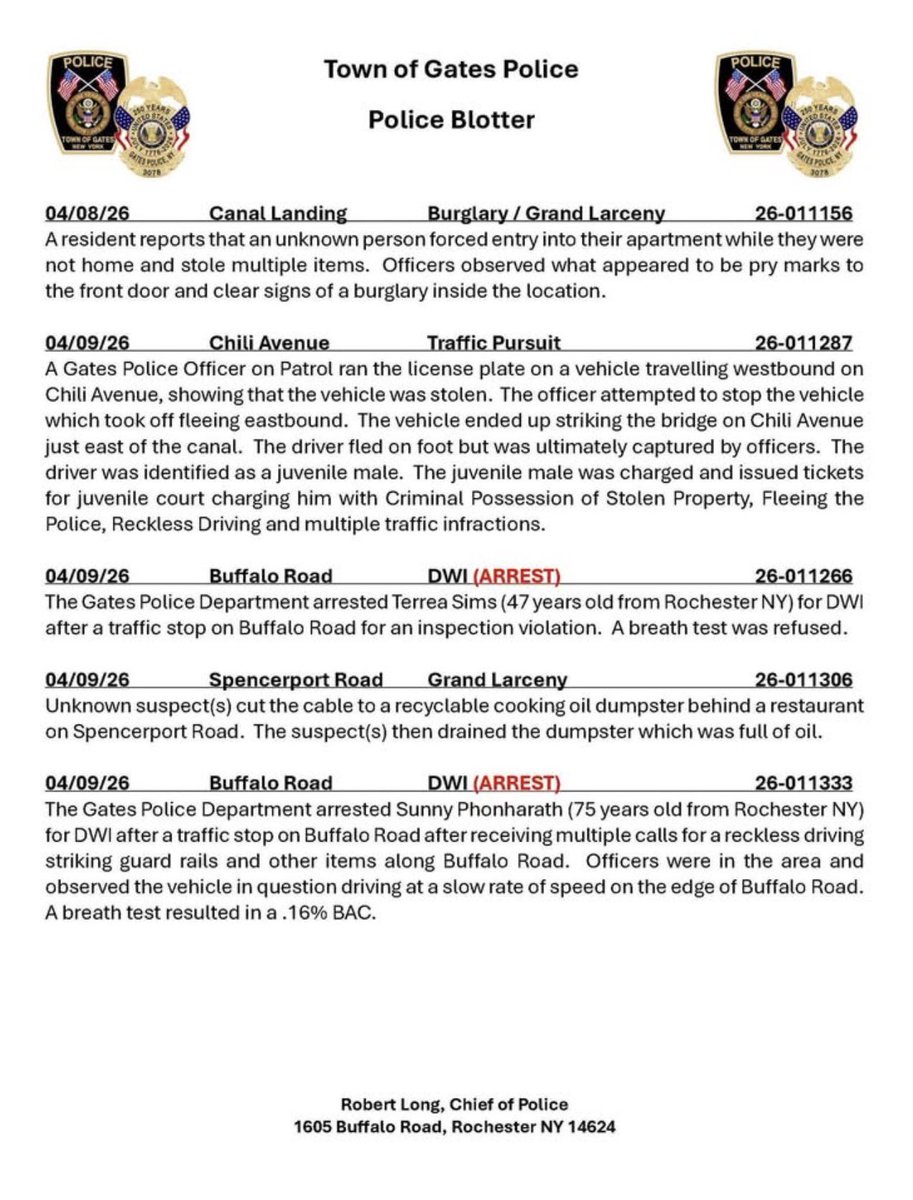 ROCHNYCRIMEINFO's tweet image. #roc #rochesterny #gatesny
@sfj8888 @acoffey3216 @GatesPolice 

Crime Blotter April 1st - April 10th