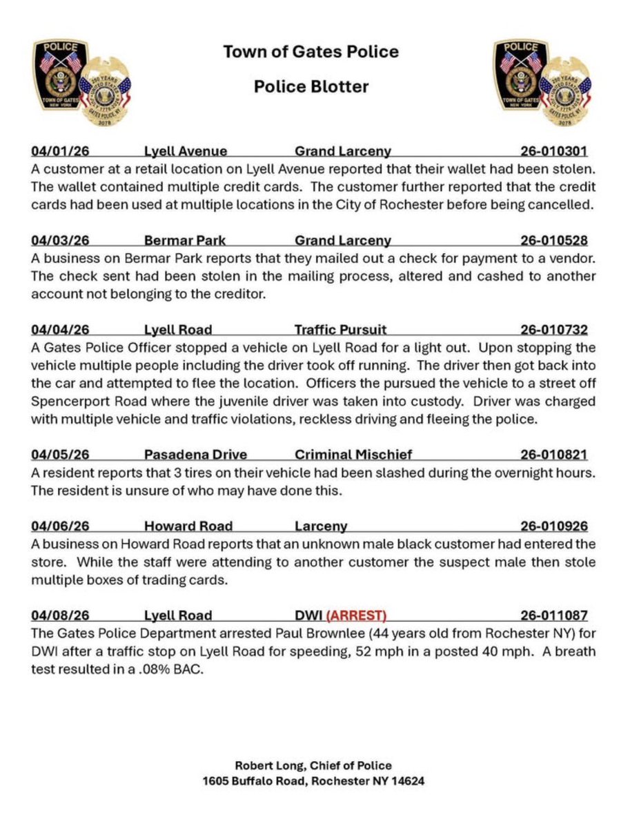 ROCHNYCRIMEINFO's tweet image. #roc #rochesterny #gatesny
@sfj8888 @acoffey3216 @GatesPolice 

Crime Blotter April 1st - April 10th