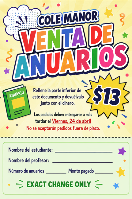 ColeManorES's tweet photo. The Cole Manor Yearbook is complete! Orders are due Friday April 24th. There is a limited number of yearbooks available. The sale is cash only and the cash needs to be the exact amount which is $13. Please send money in a labeled envelope with your child's name &amp; teacher. Thanks! https://t.co/L3jfqU12Yx