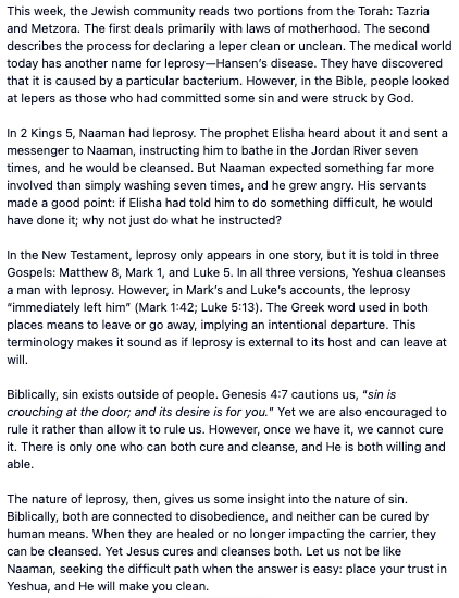 ChosenPeopleUSA's tweet image. Check out our thoughts on this week's Torah portion!

#ChosenPeople #Torah #devotional #Messianic #Parashah #Parashat #Bible #Tazria #Metzora