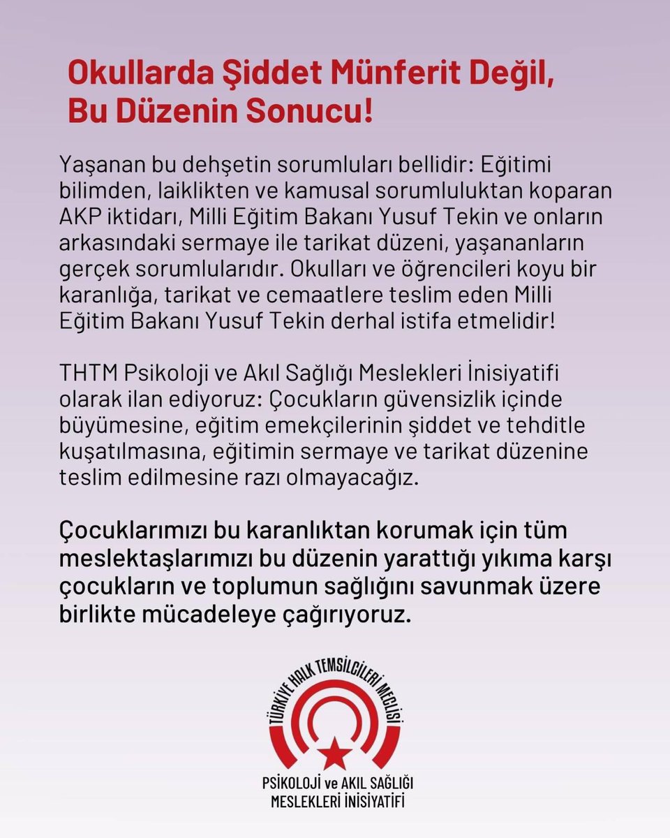 Thtmpsikoloji's tweet photo. Çocukların güvensizlik içinde büyümesine, eğitim emekçilerinin şiddet ve tehditle kuşatılmasına, eğitimin sermaye ve tarikat düzenine teslim edilmesine razı olmayacağız. #TarikatınBakanıYusufTekinİstifa https://t.co/UoFo4FbHTh