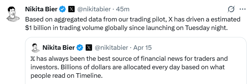 _UCrypto's tweet photo. X product lead #Nikita_Bier says the platform has already generated $1B in #trading_volume since launching its new cashtags https://t.co/CR5ecduuM1