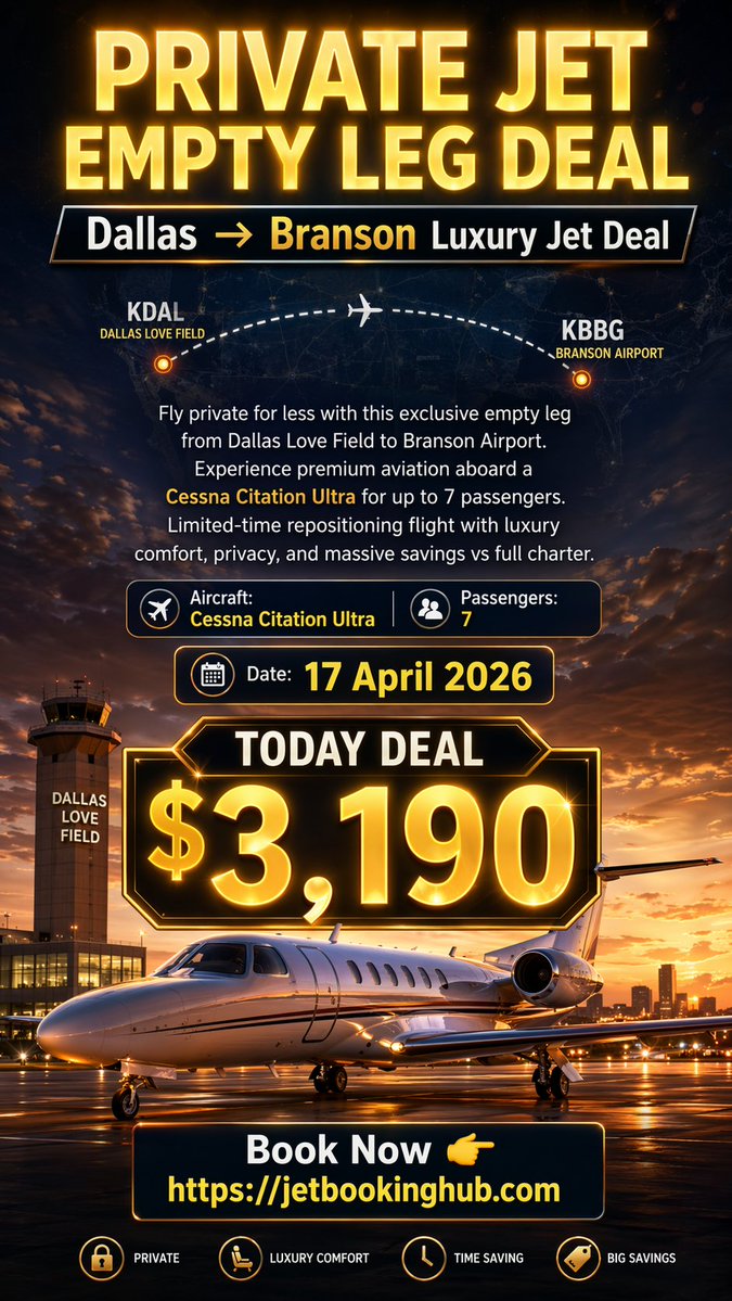 jetbookinghub's tweet image. Private jet for the price of first class? ✈️🔥

Empty leg: Dallas → Branson
🛩 Cessna Citation Ultra
👥 7 Passengers
💰 $3,190

Luxury. Speed. Massive savings.
👉 Book now: jetbookinghub.com

#Dallas #PrivateJet #EmptyLeg #LuxuryTravel  #Branson #DallastoBranson #Panamá