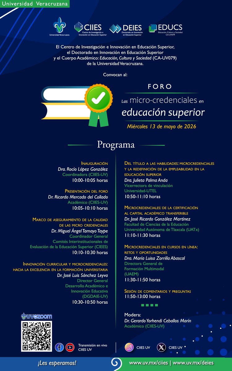 📣 Foro: “Las micro-credenciales en educación superior”

🗓 13 de mayo
🎥 En vivo: uveracruzana.zoom.us/j/87483064344?…
También en Facebook y YouTube
🔎 @CIIESUV

#EducaciónSuperior #InnovaciónEducativa