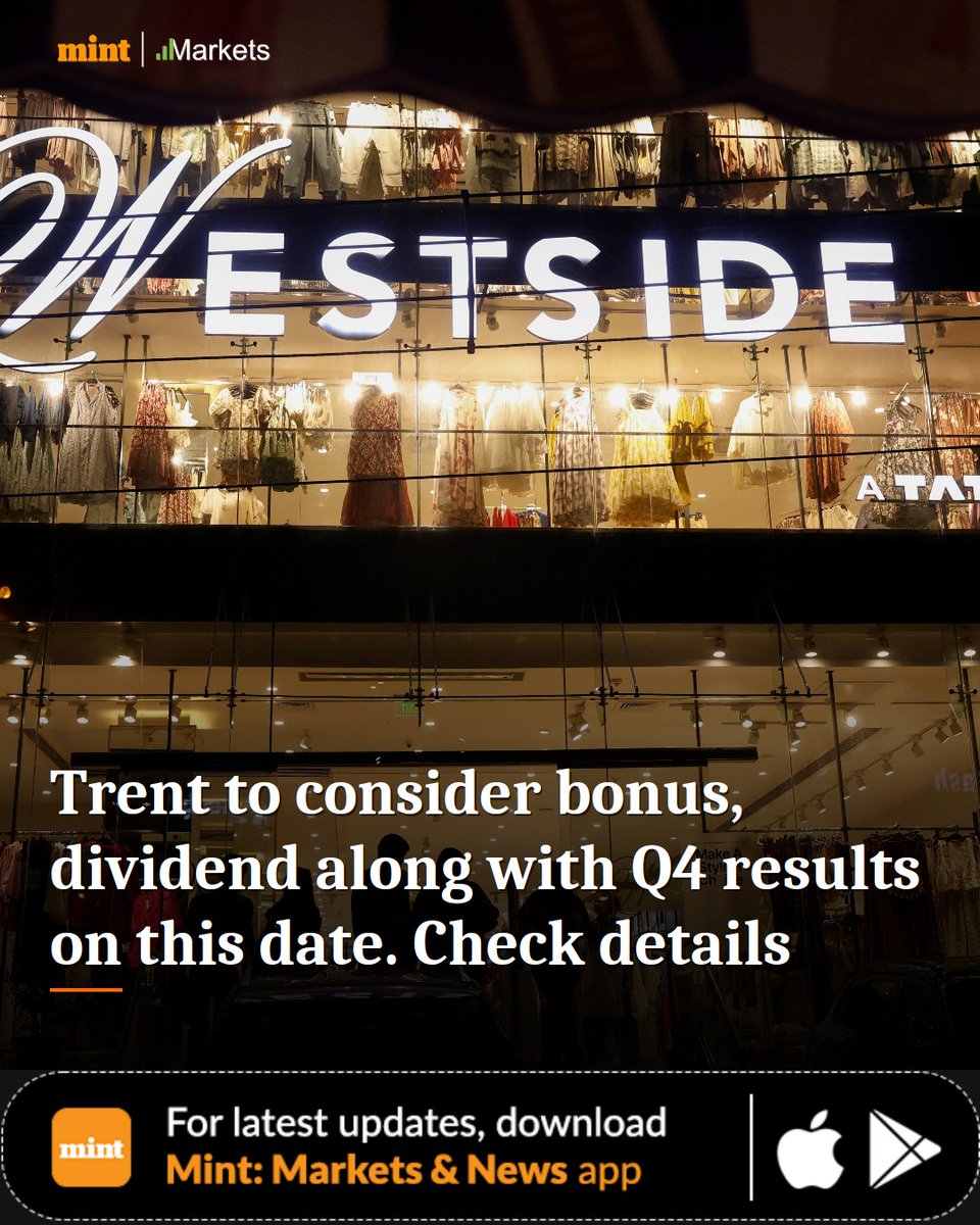 MarketsByMint's tweet image. Trent board to meet April 22 for Q4 FY26 results. Key agenda: potential bonus shares, interim dividend, and ESOP. Shares recently rebounded significantly.

livemint.com/market/stock-m…

#Livemint #Trent #BonusShares #Dividend #Q4Results #MintMarkets