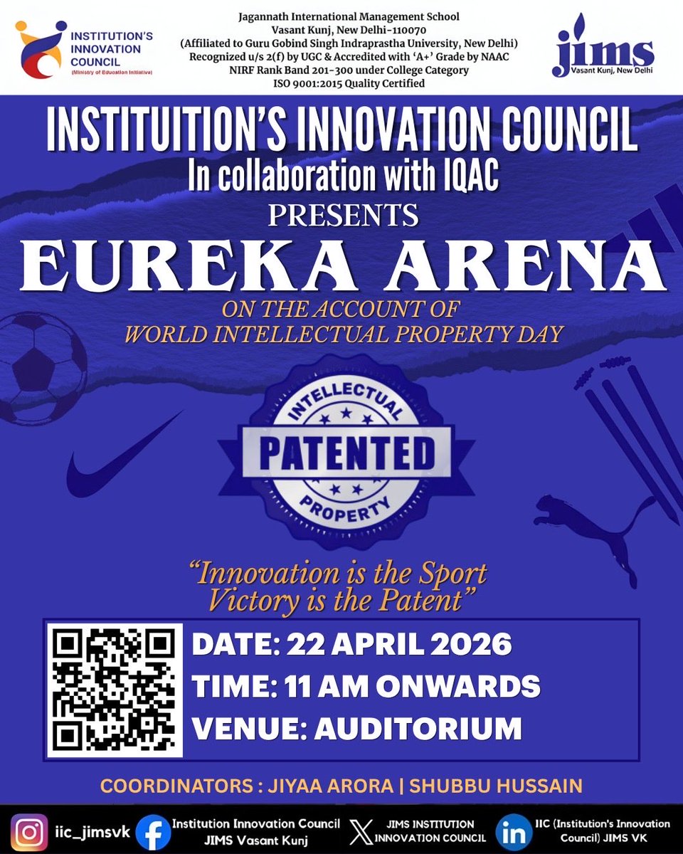 CouncilJims's tweet photo. 🎯 EUREKA ARENA Where Ideas Click &amp; Brands Speak! ⚖️💡

Play Smart, Think Smart on World IPR Day 2026!

Test your speed in guessing sports brands, logos &amp; taglines 🏏⚽🏀

📅 22nd April 2026 | 10:30 AM | Auditorium

#EurekaArena #WorldIPDay #IIC #JIMSVK #IPR https://t.co/7SBt39Qg0w