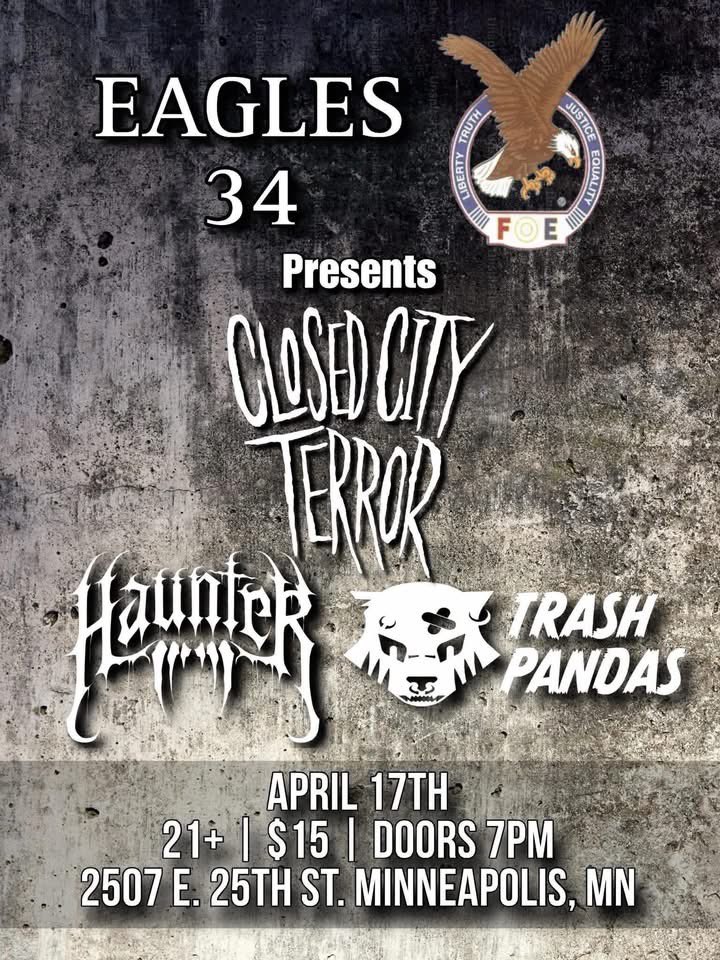 RealThomasGrim's tweet image. Are yall ready to terrorize, haunt, and trash?! 😱👻🦝

Come out to @eagles_34_events to see @closedcityterror , @hauntercult , and @trashpandasrock today in Minneapolis, MN!🤘🏻😎

We’ll all be at @mallofamerica prior!🖤

#livemusic #tour #bandlife #instagood #mallofamerica