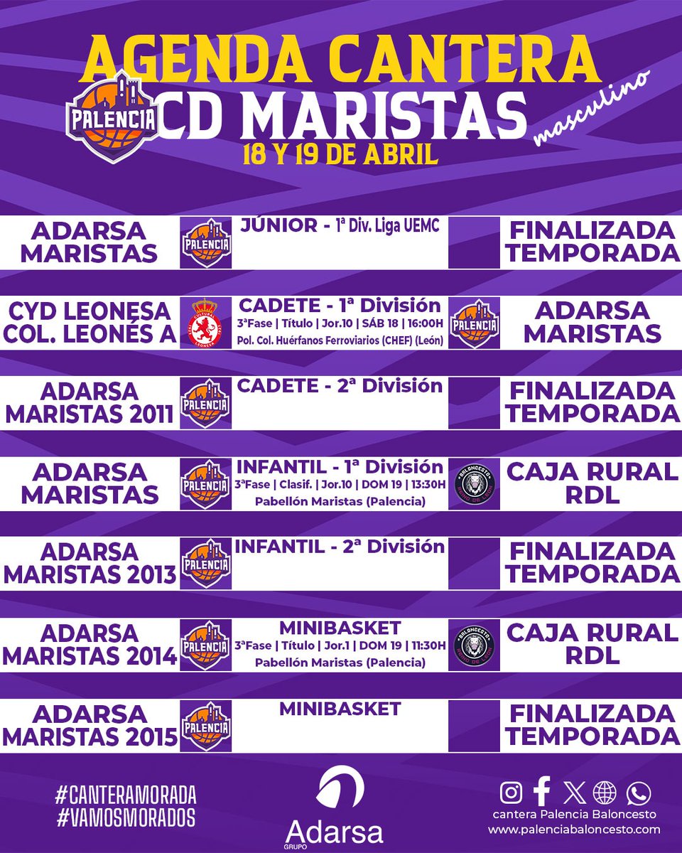 PBcantera's tweet image. #AgendaMorada | #Autonómicos

💜 Por cortesía del @grupoadarsa ofrecemos los encuentros que disputarán nuestros equipos este fin de semana

🟣 La mayoría de los conjuntos lo harán como locales y despidiéndose de la temporada

#CDMaristas
#VamosMorados
#GuerrerasMoradas