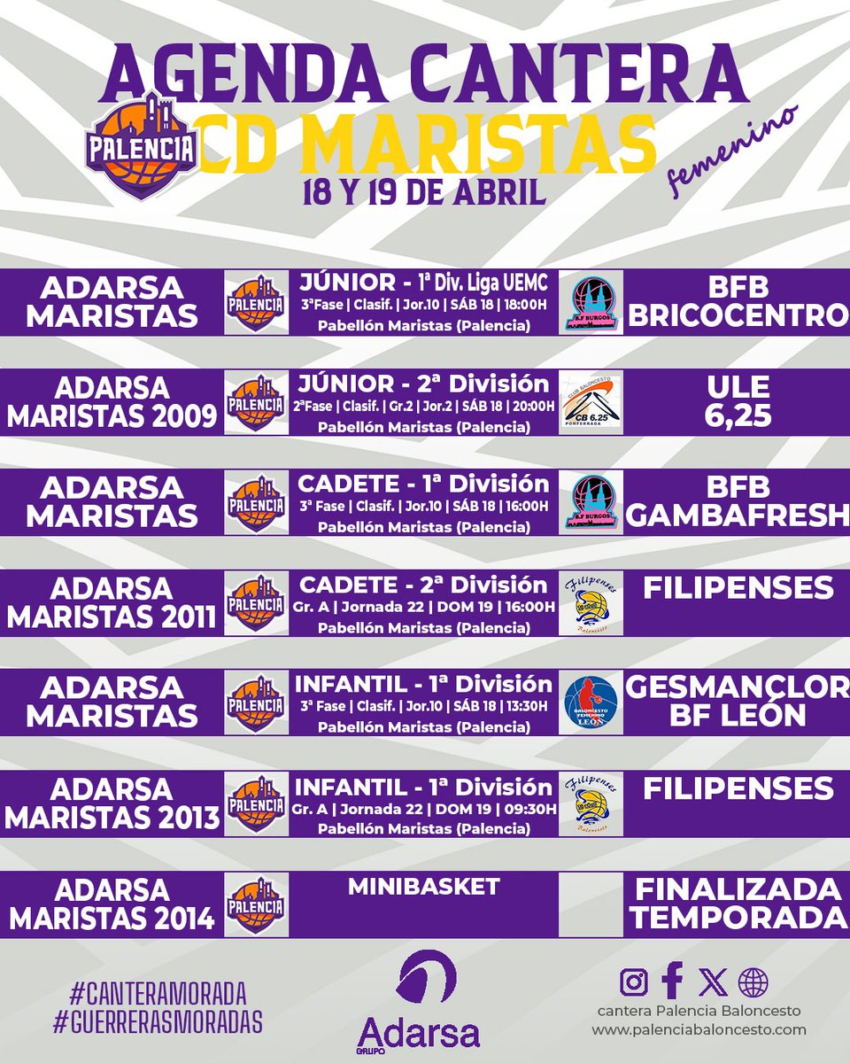 PBcantera's tweet image. #AgendaMorada | #Autonómicos

💜 Por cortesía del @grupoadarsa ofrecemos los encuentros que disputarán nuestros equipos este fin de semana

🟣 La mayoría de los conjuntos lo harán como locales y despidiéndose de la temporada

#CDMaristas
#VamosMorados
#GuerrerasMoradas
