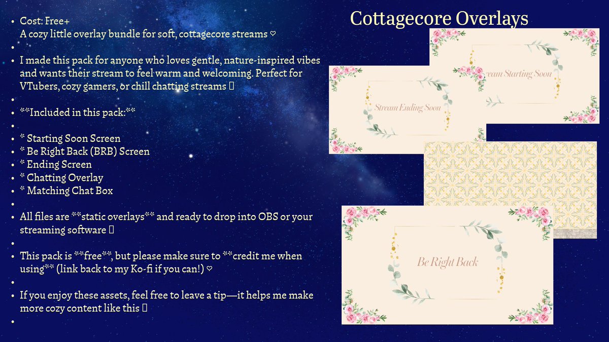 AstralShops's tweet photo. ✨ FREE STREAM OVERLAYS ✨
Cottagecore aesthetic pack ♡
Includes Starting, BRB, Ending + Chat overlay &amp; chat box 🌿
Perfect for cozy streamers &amp; VTubers 🍄
Grab it here: https://t.co/OOUdwoJYt6
Credit required ♡
#FreeAssets #TwitchStreamers #VTuberAssets #CozyVibes https://t.co/4kByyVQ5zD
