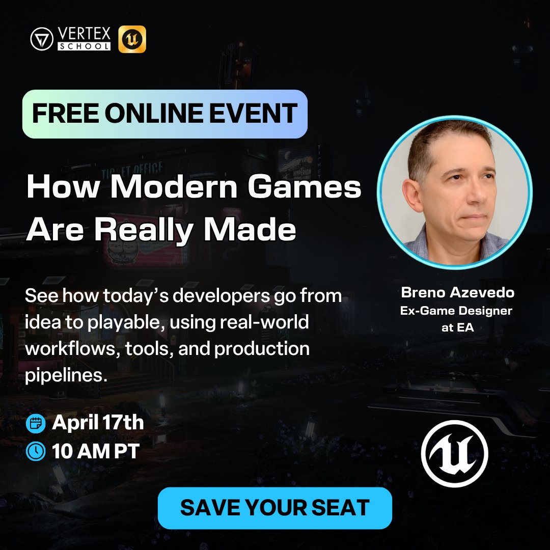 VertexSchool's tweet image. TODAY at 10 AM PT, Breno Azevedo will be going live for Vertex Game Dev Live: How Modern Games are Really Made. 

Save your FREE seat here: vertexschool.com/vertex-game-de…

#gamedevelopment #unrealengine #gamedev #vertexschool