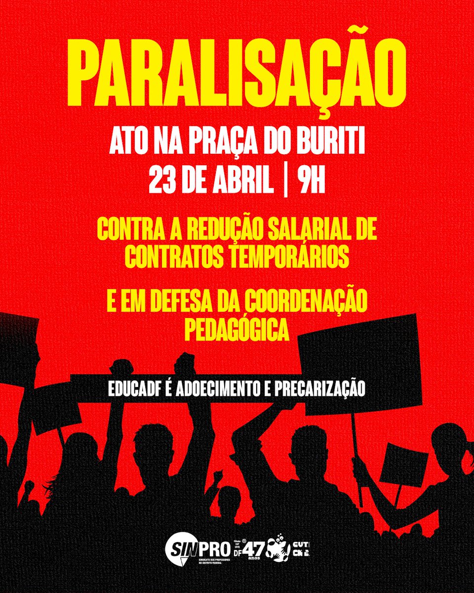 Professores paralisam dia 23/4 em caráter de urgência, em defesa do pagamento integral dos CTs, conforme o piso da categoria. A paralisação com ato na Praça do Buriti às 9h, denuncia a metodologia de cálculo do sistema EducaDF, que diminuiu o salário e reduziu as horas de