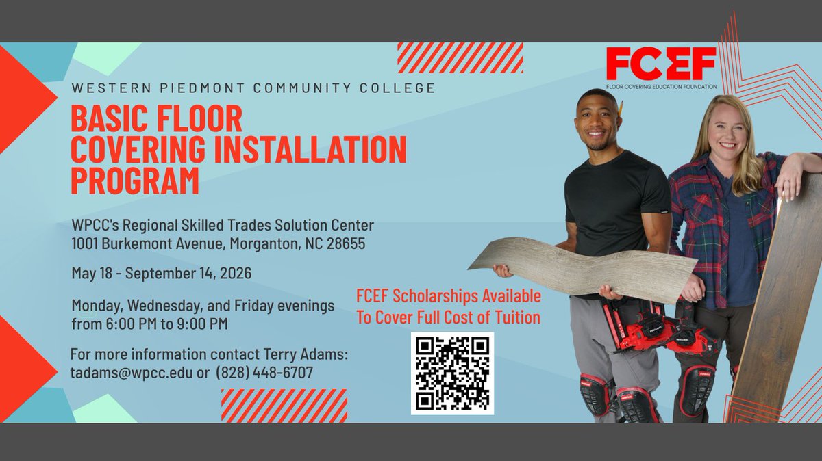 FCEForg's tweet photo. WPCC is launching its first Flooring Program! Gain hands-on training in hardwood &amp; resilient flooring in this 150-hour evening course (May 18–Sept 14). Classes meet M/W/F, 6–9 PM in Morganton, NC. Contact Terry Adams for more info: tadams@wpcc.edu
 | 828-448-6707 https://t.co/2pbvddNjL3