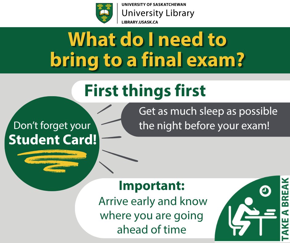usasklibrary's tweet image. Reduce the stress of exam day by arriving prepared! Check out libguides.usask.ca/TAB for tips and resources to help you study and de-stress! #StudyTips #TakeABreak #FinalExams