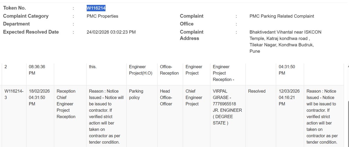 Ankit_Mantri22's tweet photo. @MDNagpure Raised complaint #W116214 for overcharging at PMC parking near ISKCON (Bhaktivedant Vihantal).Even after complaint, no corrective action taken and overcharging continues openly. Citizens deserve transparency and fairness, not negligence.Please intervene @PMCPune https://t.co/VfC15pFgAX