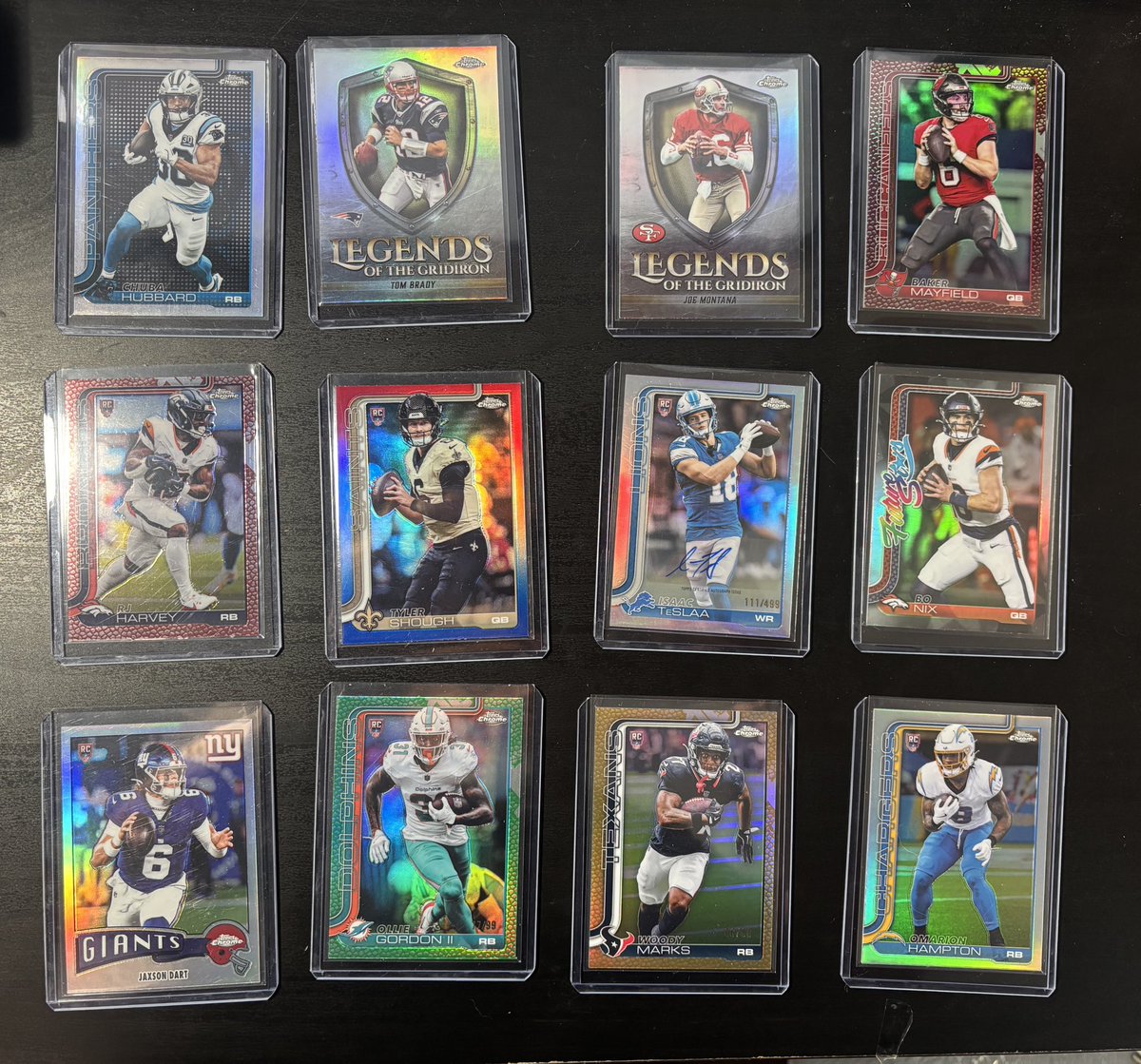 Crispeecards's tweet photo. Pretty good pulls from 6 blasters. Lightboard Logo variation, Gold RC, Aqua RC and several good parallels. Liking this product! @CardPurchaser @Topps #toppschromefootball2025 https://t.co/pWH8qHxwP9