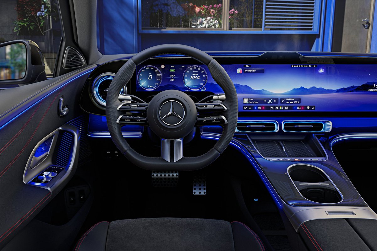 Auto_Revving's tweet image. Interior goals!  Mercedes-Benz is blending luxury and tech like never before for the 2026 C-Class.
That sleek dashboard layout is Fire 🔥 can't wait for the full reveal this Monday. #CClass #EV #LuxuryCars #MBUX
