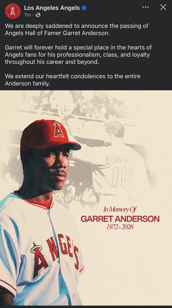 BREAKING 🚨🚨

#Anaheim / #California 

The <a href="/Angels/">Los Angeles Angels</a> have announced the sudden passing of Angels Baseball Legend Garrett Anderson. Anderson played 15 years with the team and was an integral part of their 2002 World Series Championship 

A sad day for OC Sports Fans