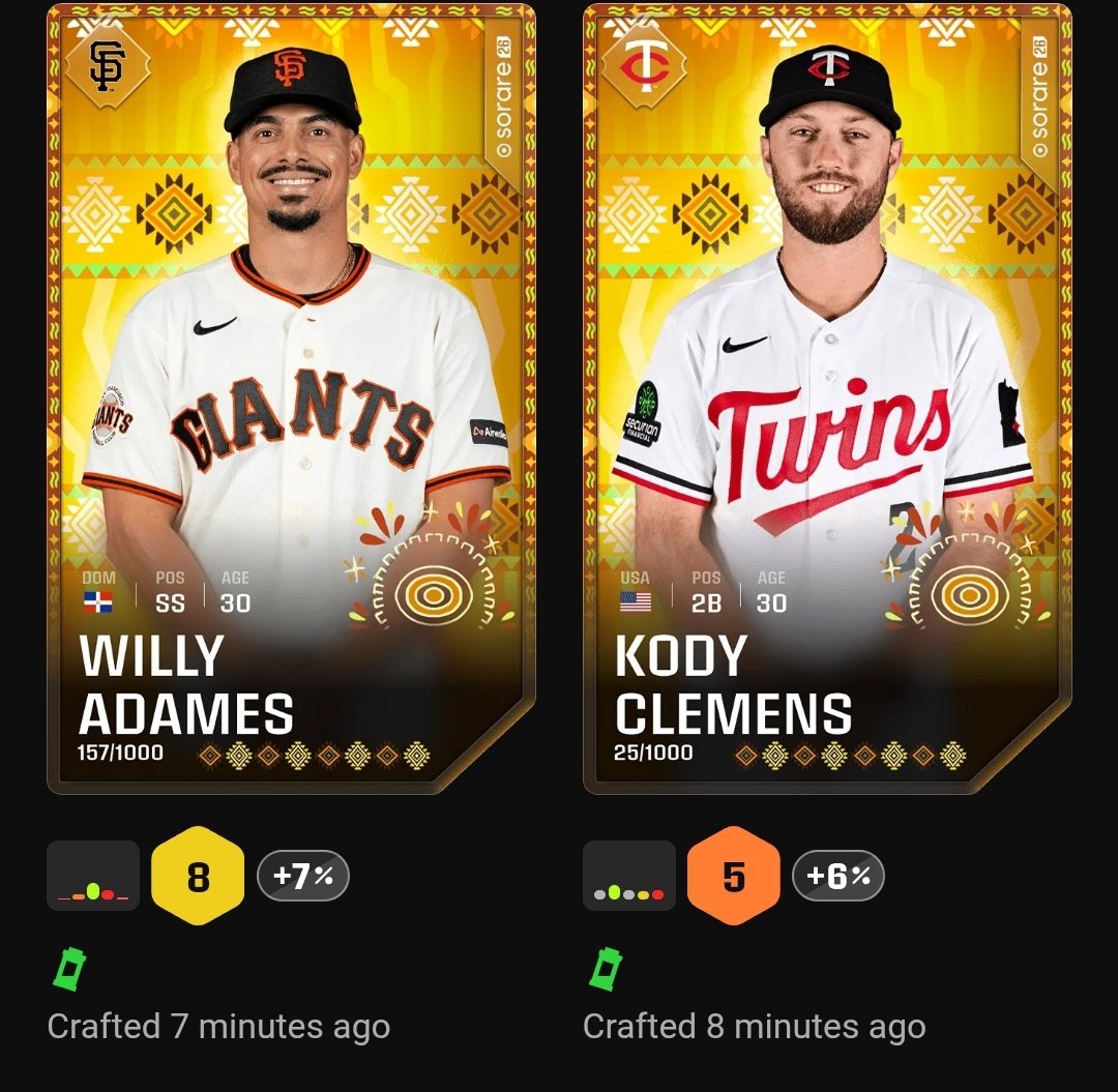 Fixkribbs's tweet photo. Happy rewards day!

Best of the season so far Trout and Judge scalding hot, 2 timely Giants and a complimentary Clemens.

LOVE these México Special Editions, looking to add more! @SorareUS 

#soraremlb https://t.co/7mVcbl3NHv